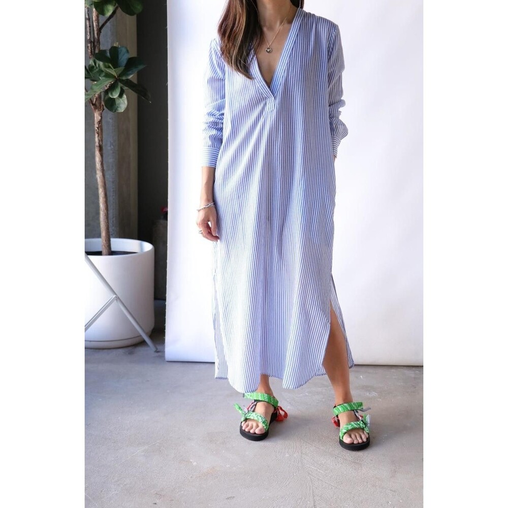 Nili Lotan Raven Maxi Shirt Dress Striped Print Beach Cotton Blue White S 287458